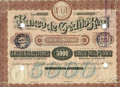 ARGENTINA STOCK BANCO DE CREDITO REAL $5000 VF+1.8.1888  