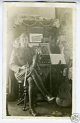 1907 WWI RPPC Postcard Soldier w/ Violin & Guitar  