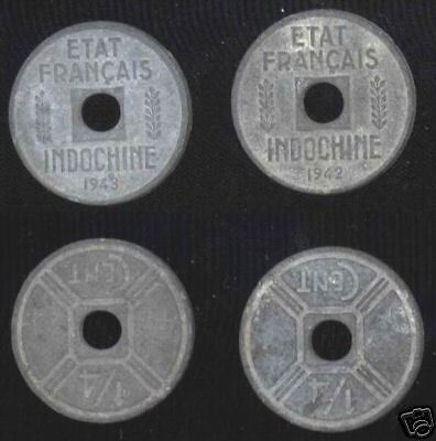 1942&1943 Francais Indochina 1/4 Cent Coins  XF  