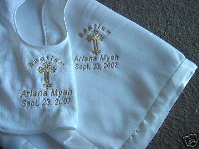 Personalized Baptism/Christening Blanket Satin Trim Bib  