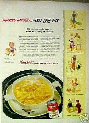 1943 WWII Campbells Chicken Noodle Soup Kitchen Art AD  