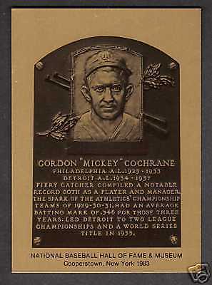   of Fame METALLIC Plaque card MICKEY COCHRANE, As Athletics / Tigers