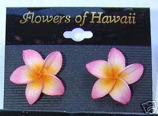 HAWAIIAN PINK PLUMERIA FLOWER EARRING JEWELRY HAWAII NI  