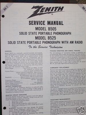 Zenith B505 B525 Portable Phonograph Service Manual RA7  