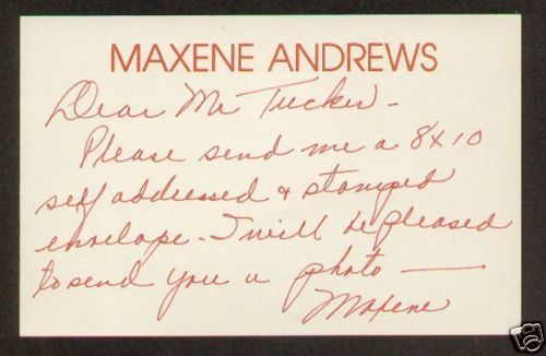 Maxene Andrews signed 3.5x5.5 index Singer Sisters  